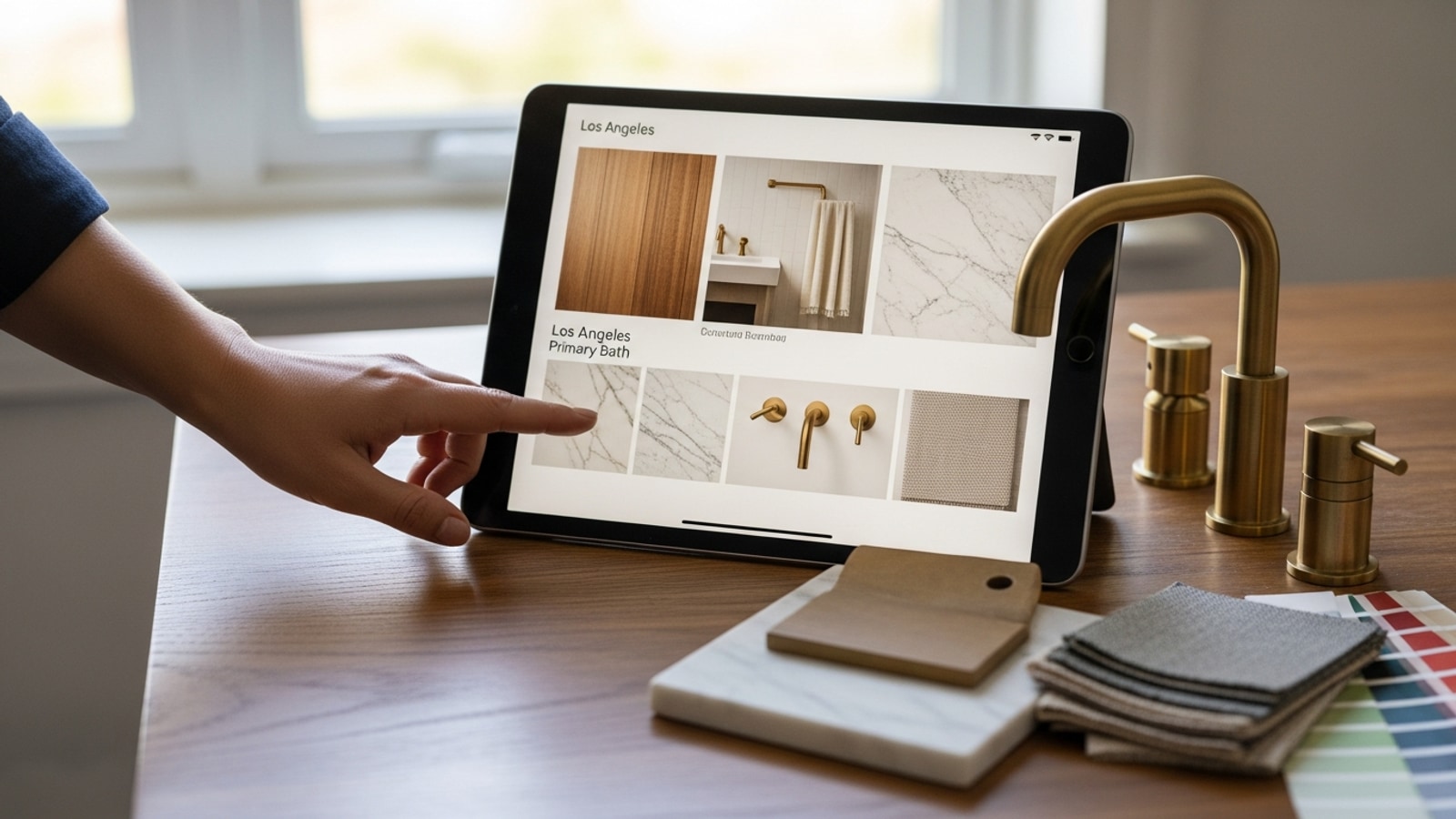 Designer reviewing a digital mood-board on a tablet next to a marble slab, brass faucet sample, fabric swatch, and paint chip strip