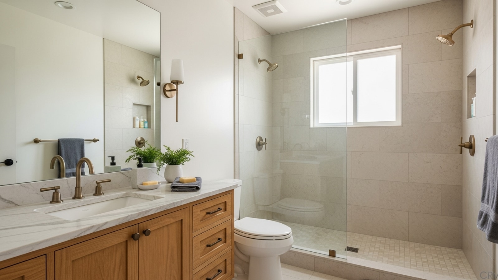 Finished Los Angeles primary bathroom with a floating wood vanity, brushed brass plumbing, marble slab counter, walk-in shower, and California daylight from a single window