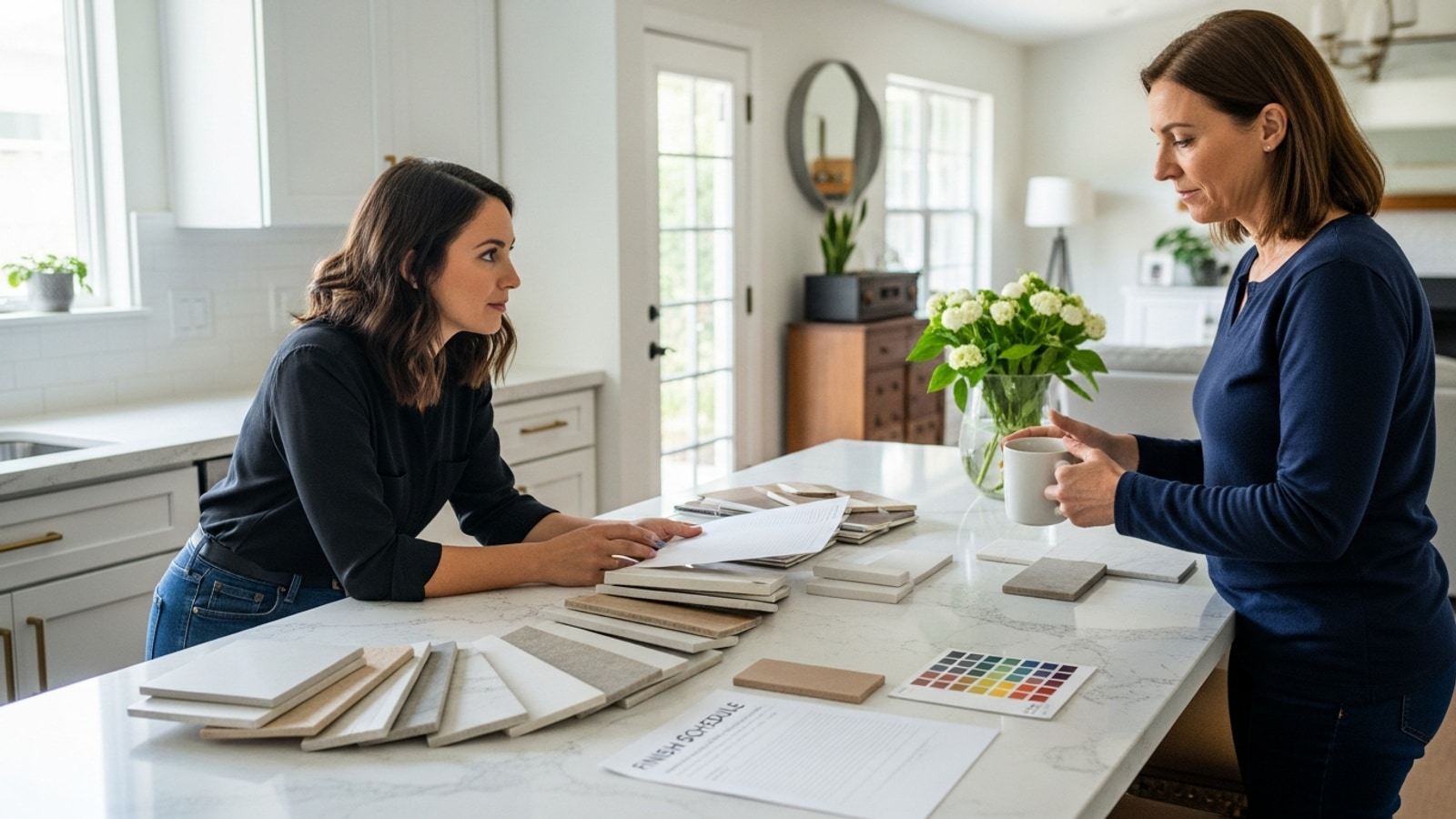 Interior designer reviewing porcelain and natural-stone tile samples on a kitchen island in a Los Angeles home with the homeowner across the counter