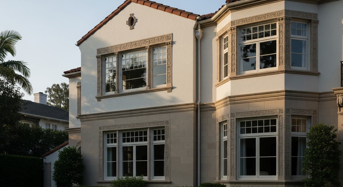 Front facade of a Hancock Park home showing window proportions and trim characteristic of the period