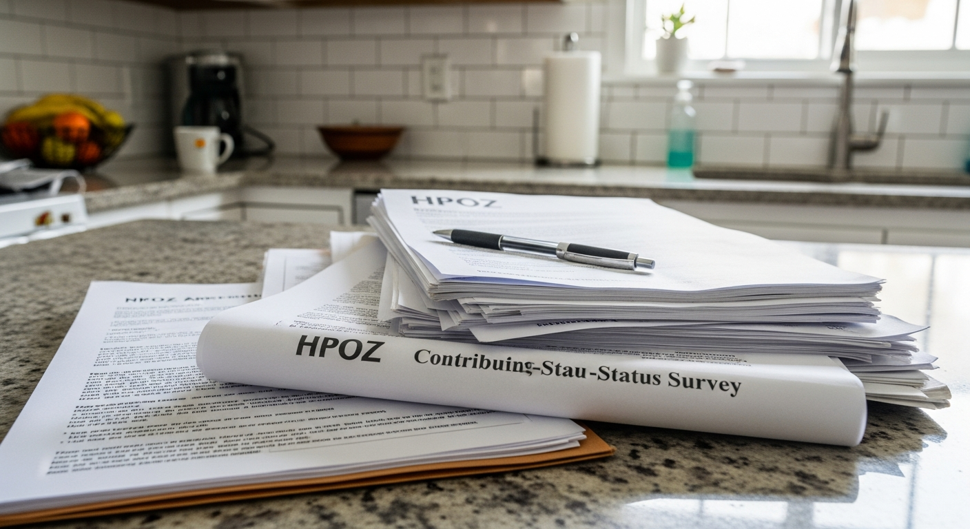Stack of HPOZ application paperwork and contributing-status survey on a kitchen counter