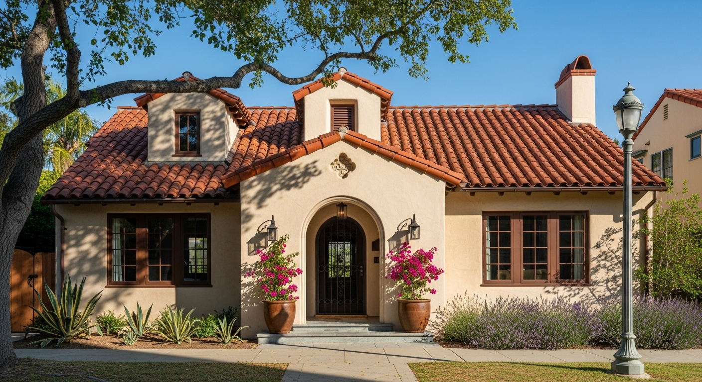 Restored 1920s Spanish Colonial Revival home in a Los Angeles HPOZ neighborhood with original tile roof and arched entryway