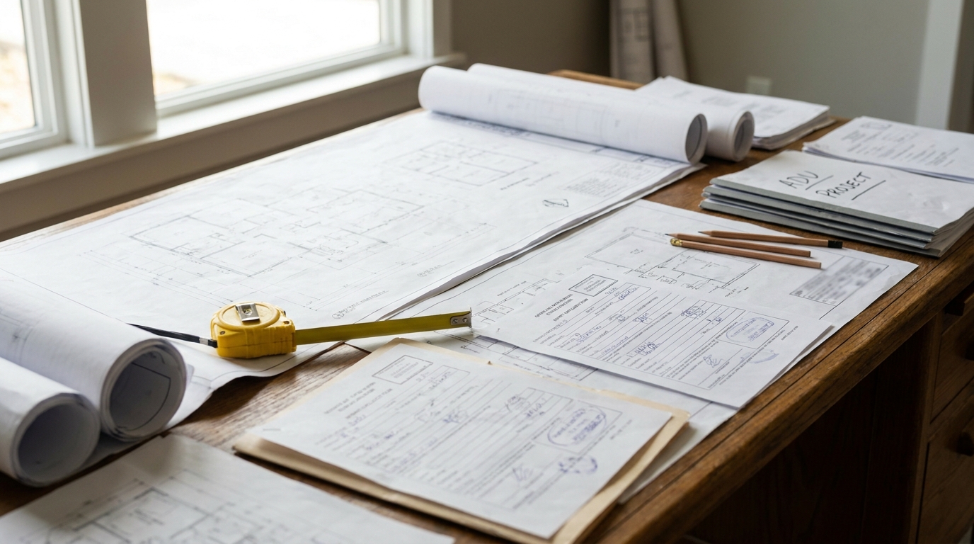 Detailed ADU construction plans spread on work table with LADBS permit application forms and architectural drawings visible.