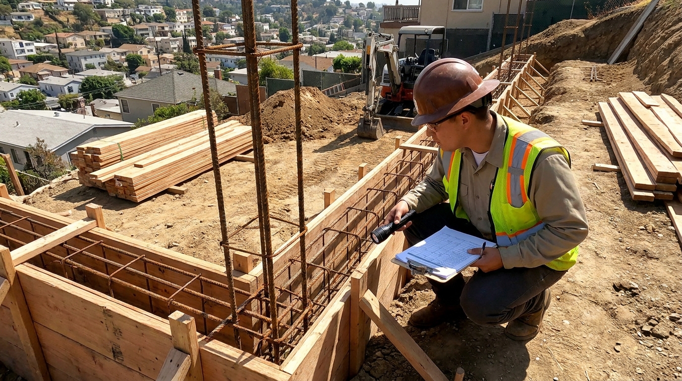 ADU foundation inspection in progress with LADBS inspector examining rebar and formwork on Los Angeles hillside lot.