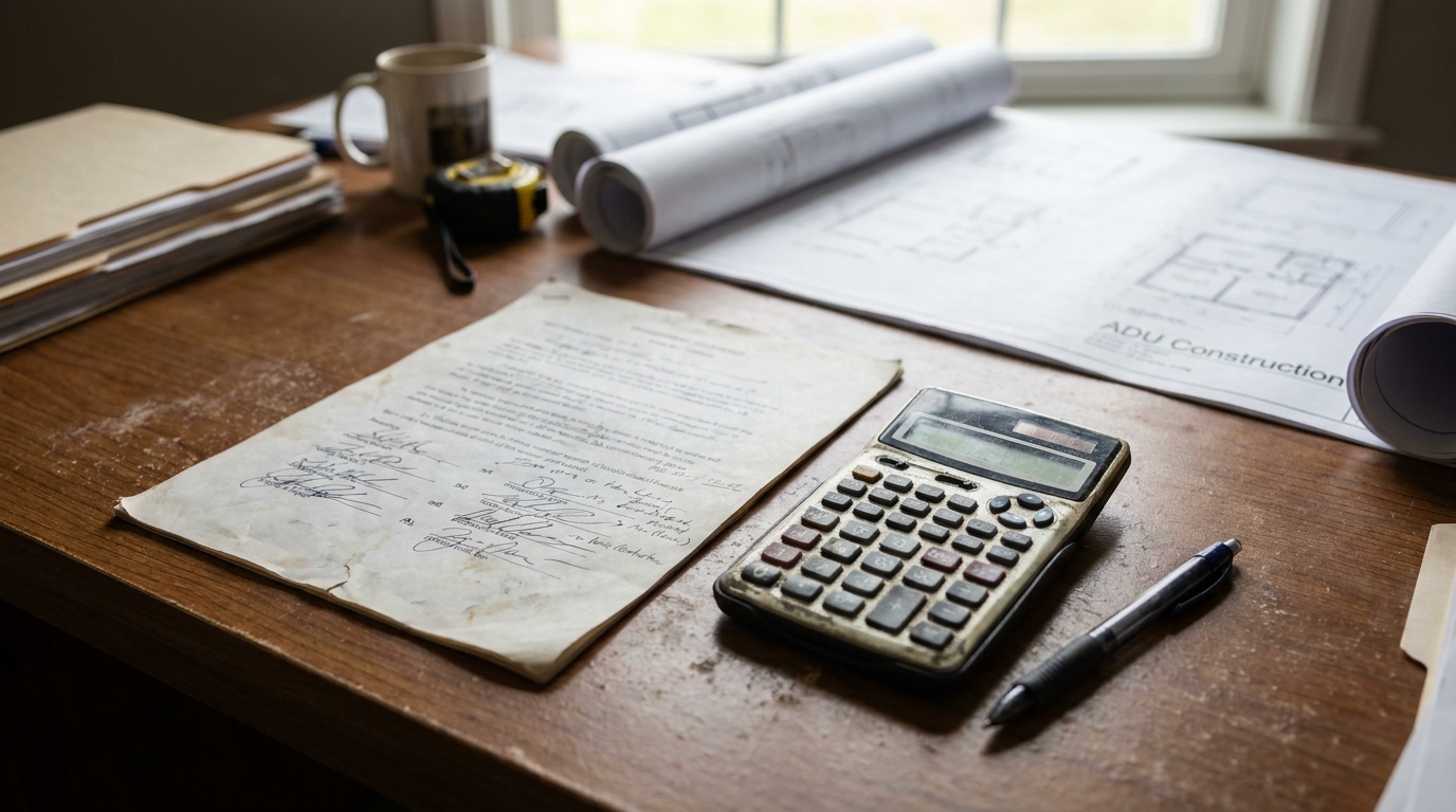 Signed change-order document on contractor's desk with ADU project plans and calculator nearby.