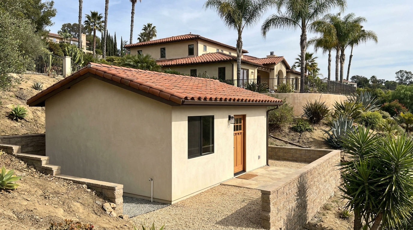 Completed ADU exterior in Los Angeles showing stucco finish, Spanish tile roof, and hillside setting with main house in background.