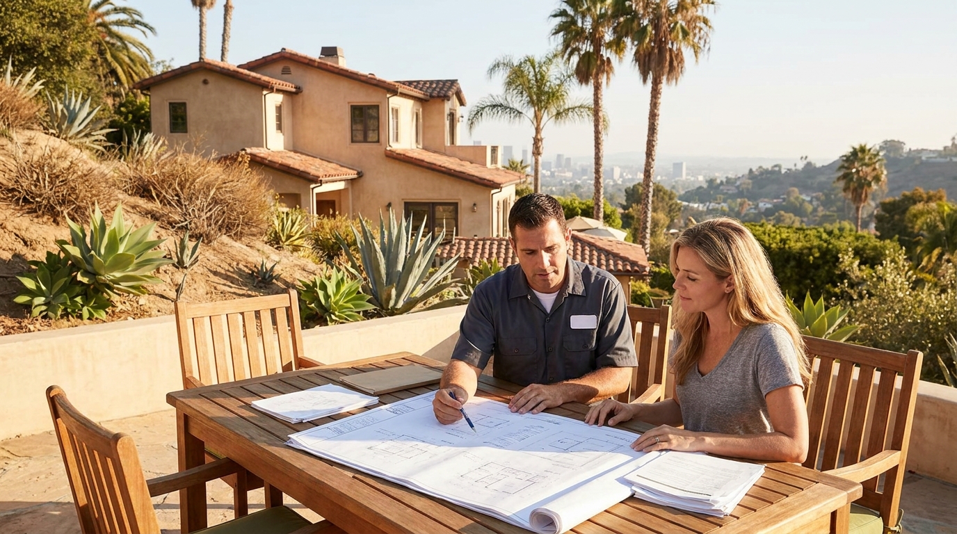 Contractor and homeowner reviewing ADU construction contract documents at a hillside Los Angeles property with palm trees and stucco main house visible in background.