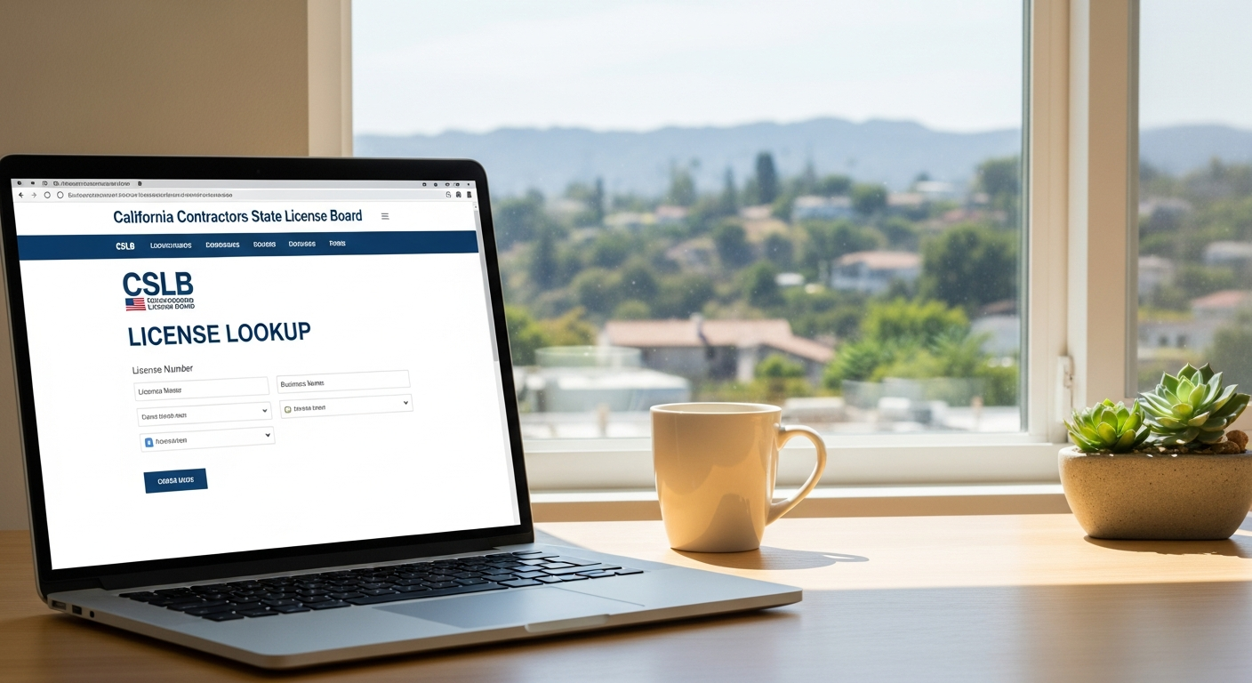 CSLB license verification screen displayed on laptop during contractor vetting process in Los Angeles home office.