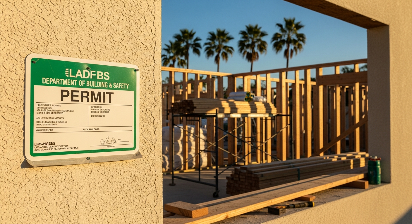 Building permit posted on exterior wall of Los Angeles home undergoing complete remodel with framing visible.
