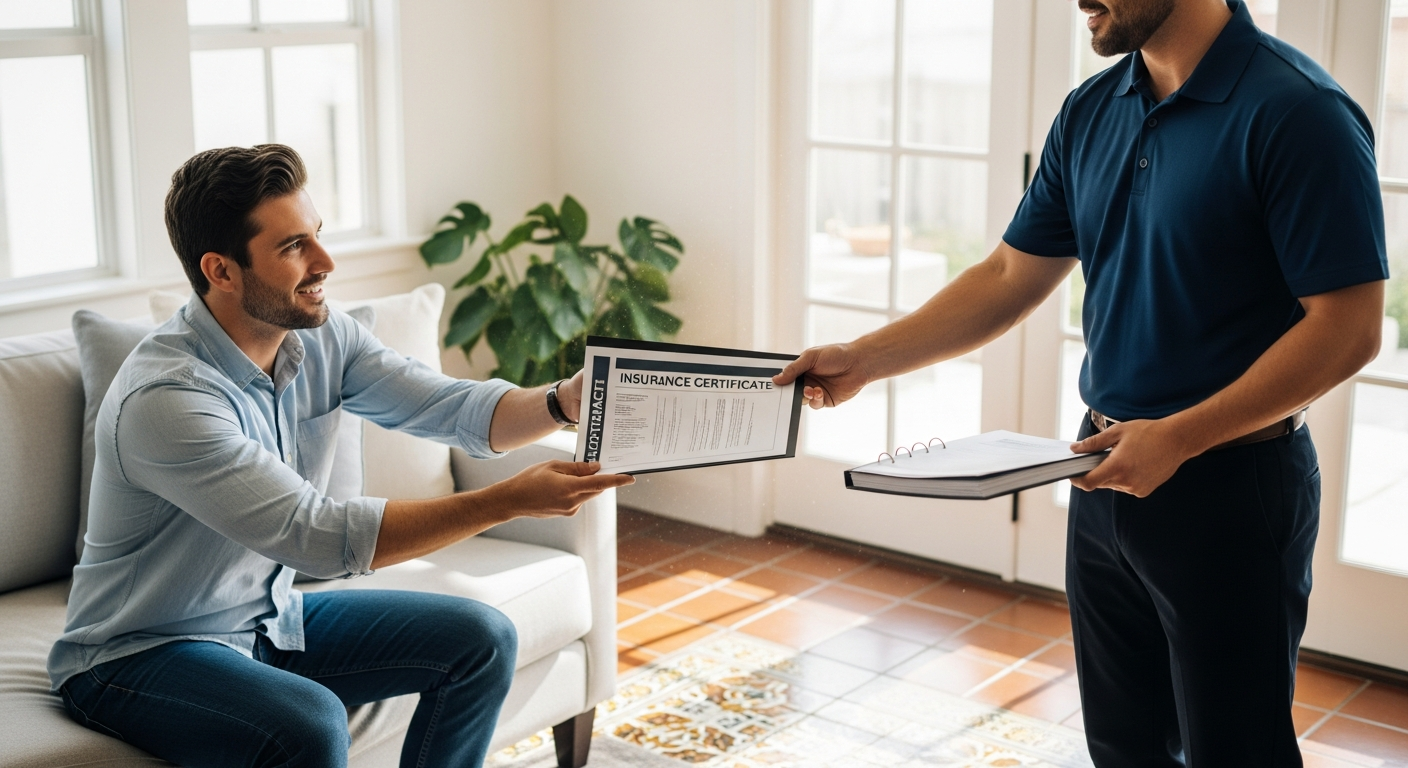 Contractor providing insurance certificates and written contract to homeowner in Los Angeles living room before remodel starts.