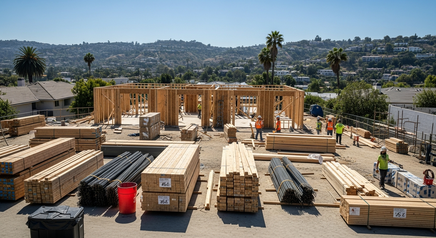 Organized construction site in Los Angeles with labeled material staging and clean work zones during complete remodel.