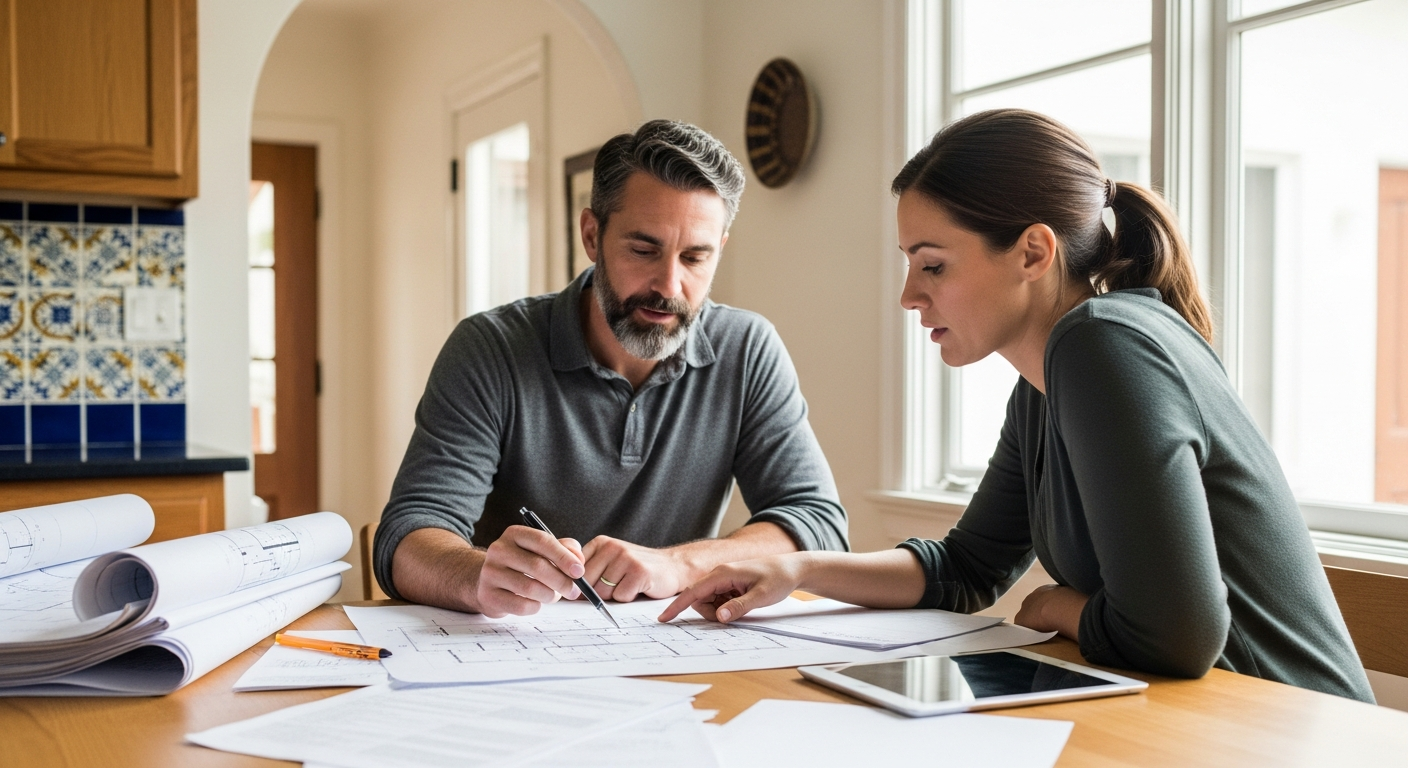 Contractor reviewing permit documents with homeowner at kitchen table in Los Angeles home before complete remodel begins.