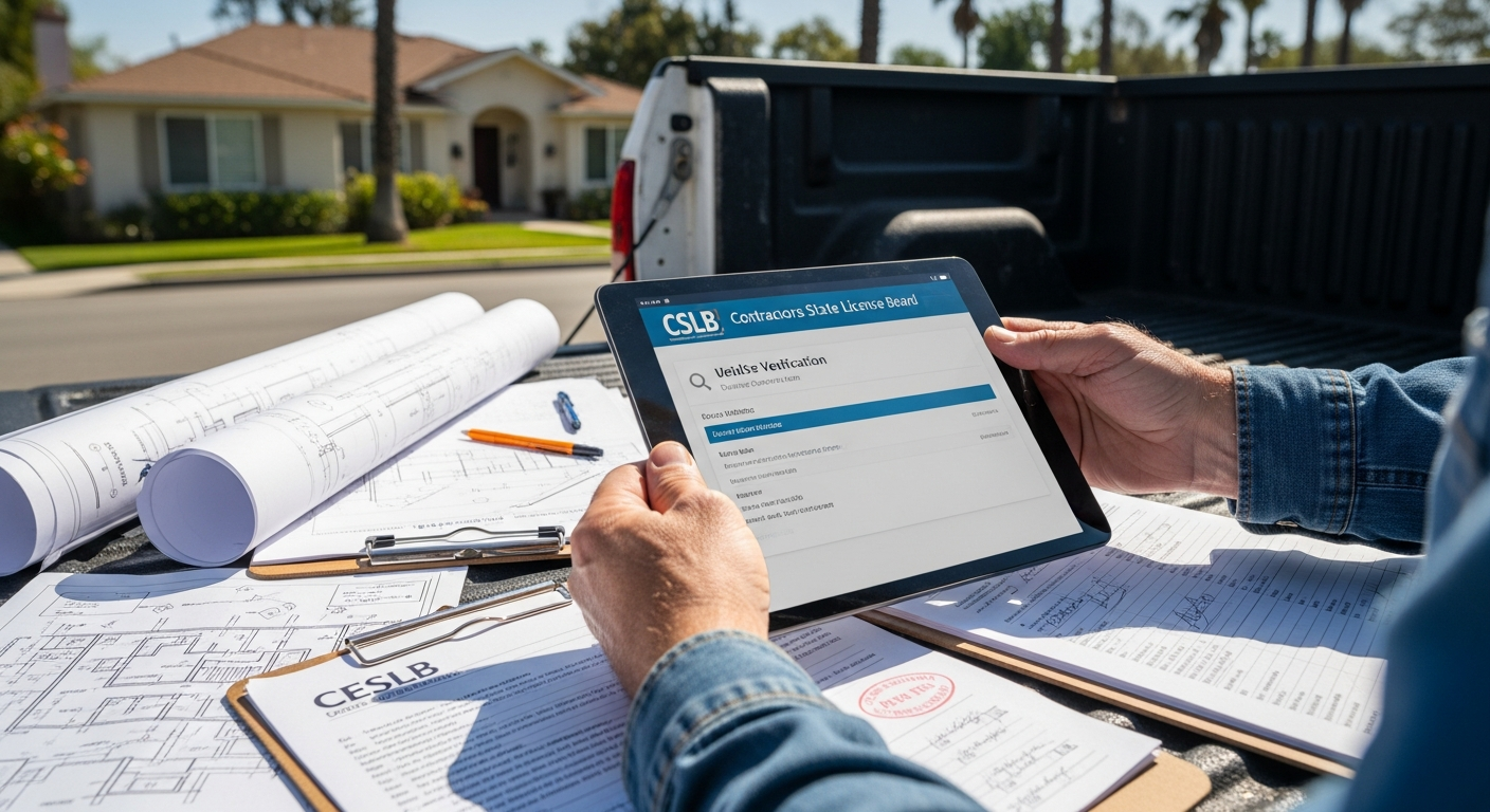 Contractor reviewing CSLB license verification on tablet at Encino job site with permit documents on tailgate