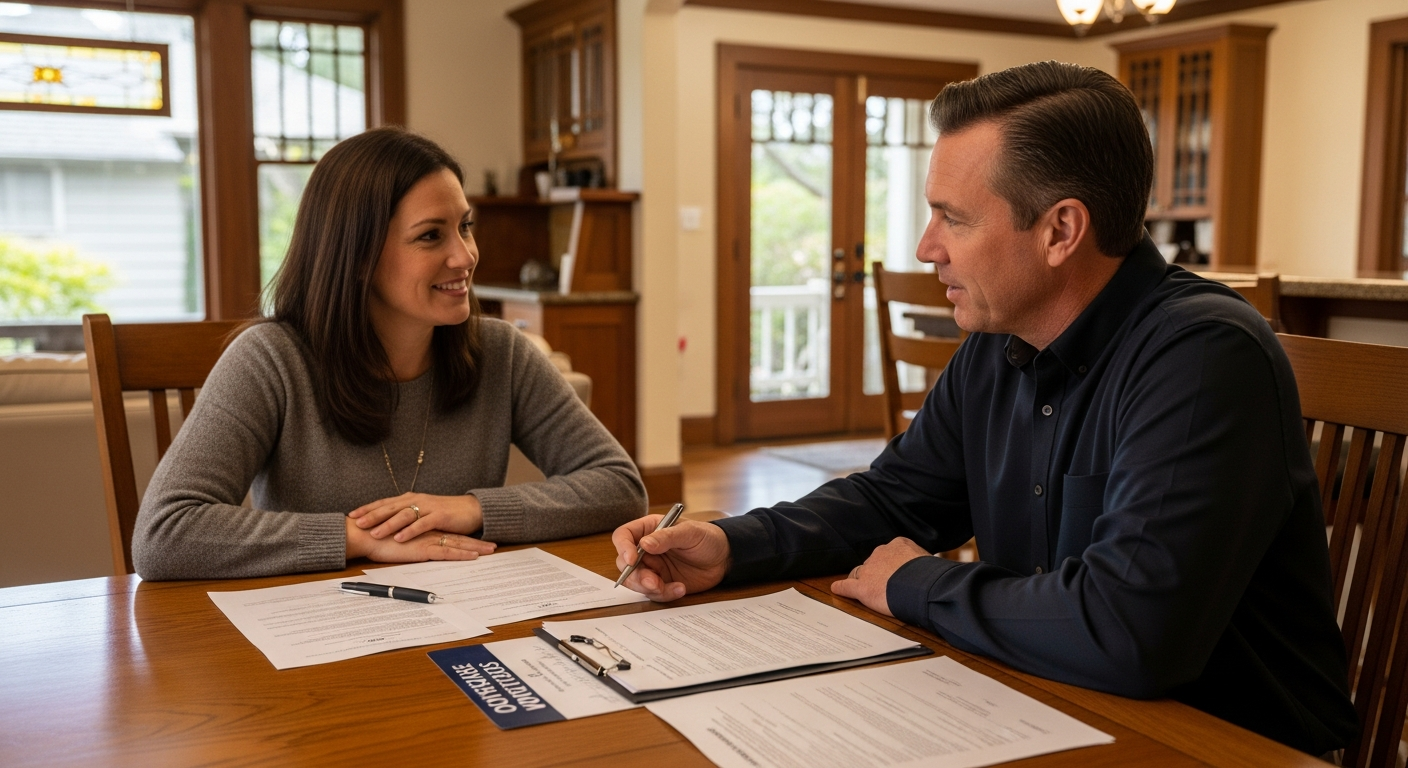 Encino homeowner and contractor discussing contract and license documents at kitchen table before remodeling project begins