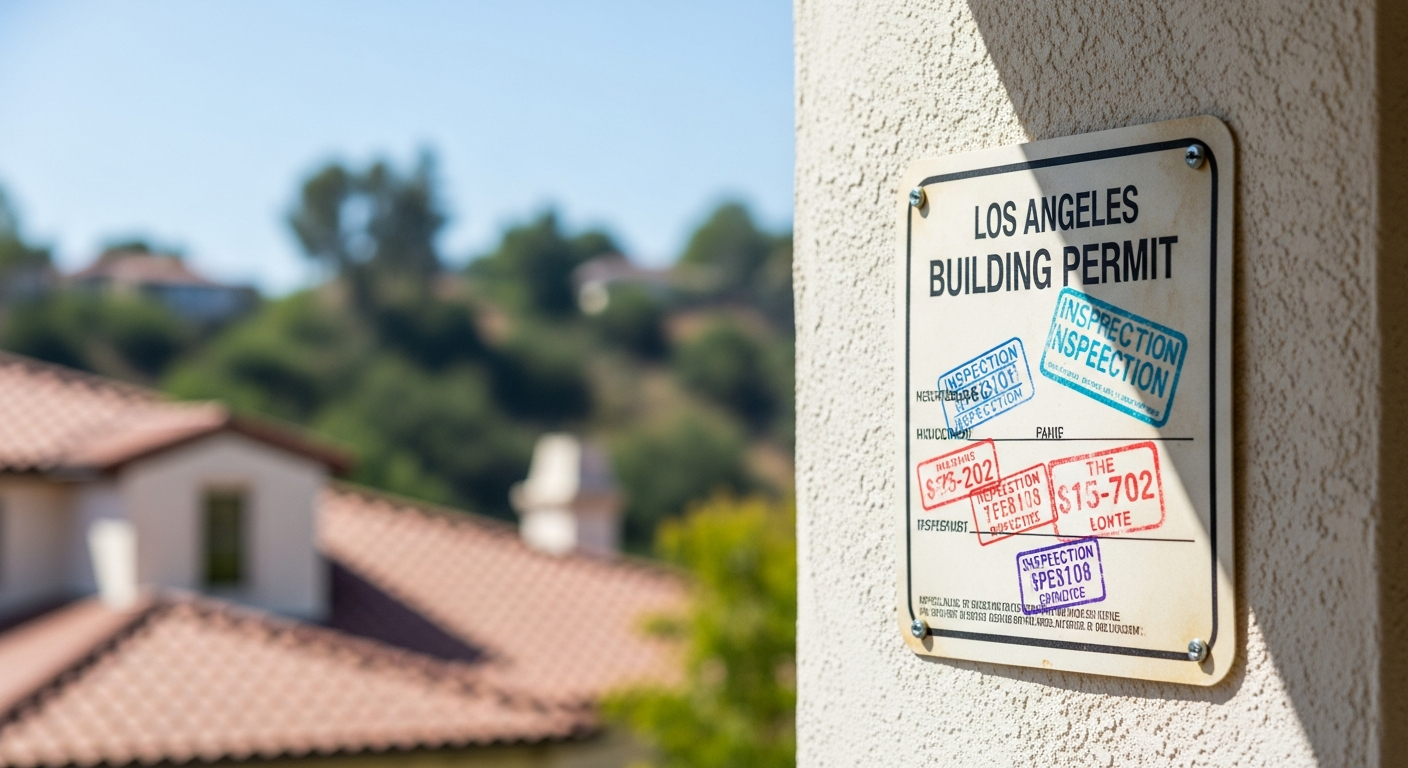 LADBS permit placard posted on Encino hillside home exterior during active remodeling with visible inspection stamps