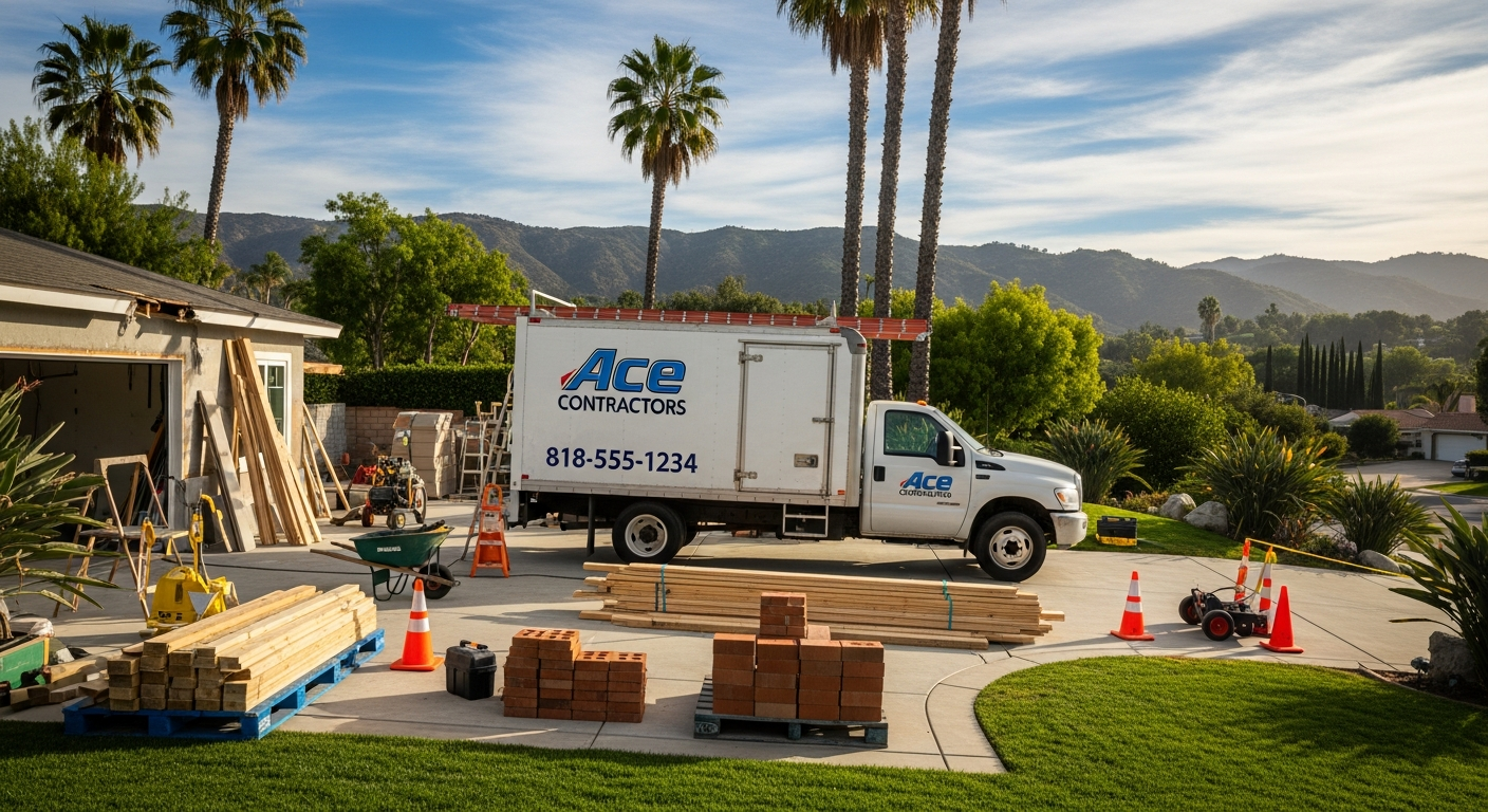 Licensed contractor's truck with visible CSLB number parked at Encino remodel site with materials staged in driveway
