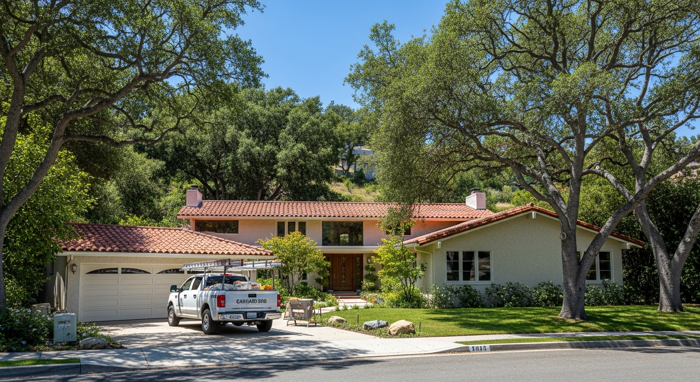 Encino hillside home undergoing permitted remodeling with contractor truck parked in driveway under California oak trees