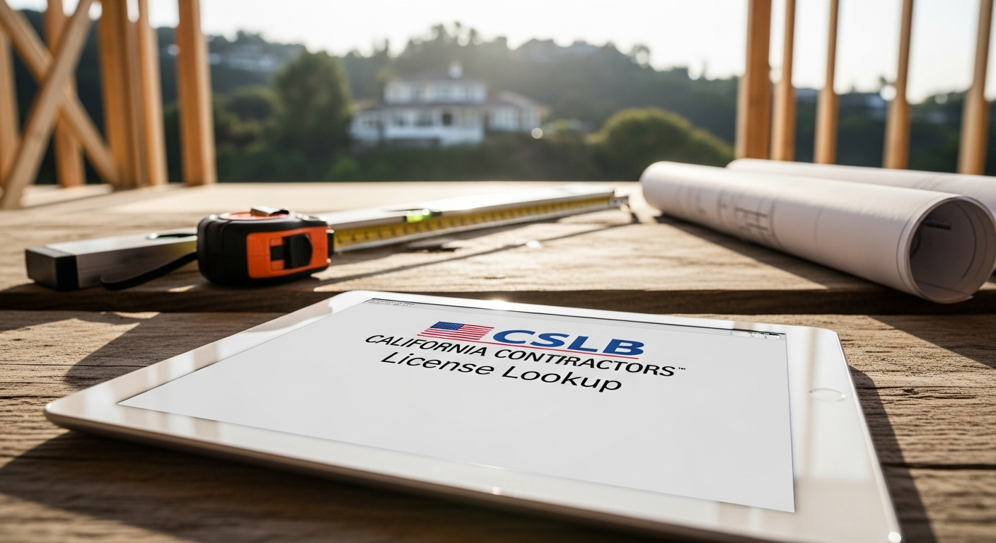 CSLB license verification document displayed on tablet at Woodland Hills remodeling job site with construction tools in background