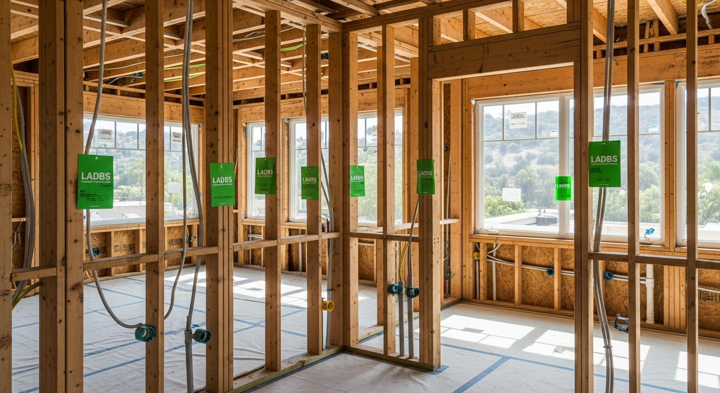 Woodland Hills home interior during complete remodel showing structural framing and permit inspection tags