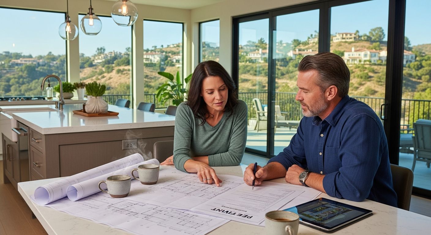 Contractor meeting with Woodland Hills homeowner reviewing remodeling plans and permit documents at kitchen table