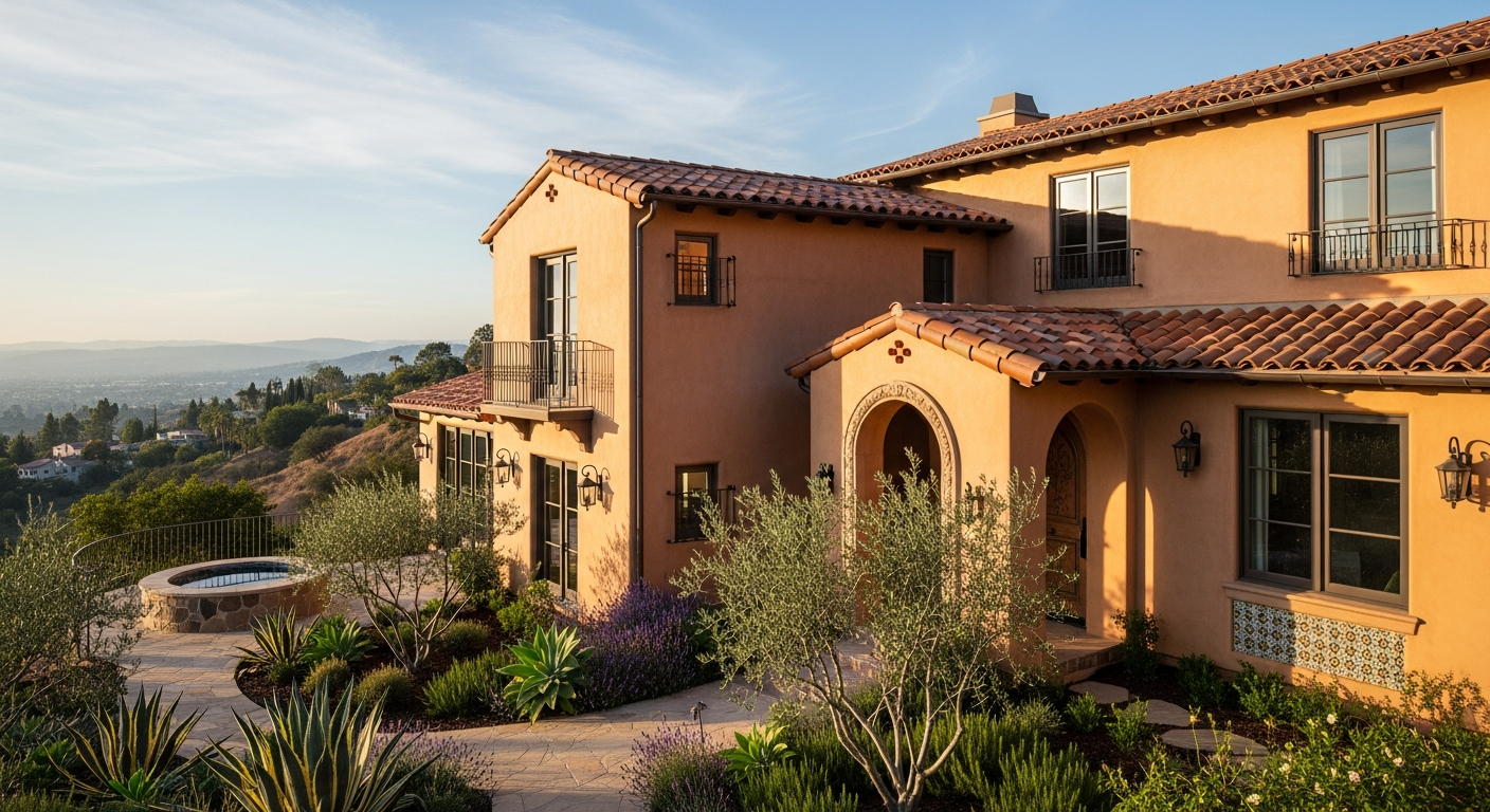 Completed Woodland Hills home remodel exterior showing permitted addition with hillside landscaping and Spanish tile roof