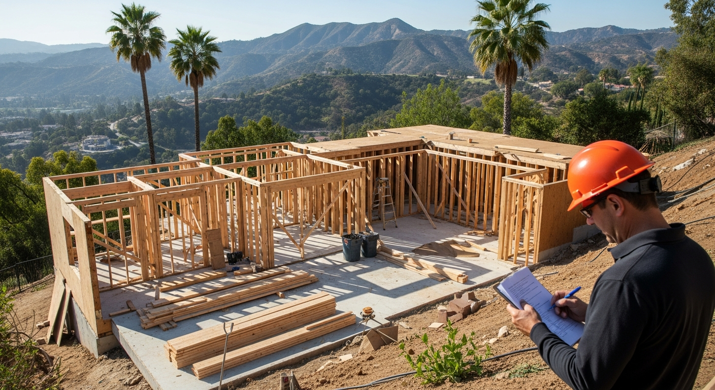 Woodland Hills hillside home undergoing complete remodeling with contractor reviewing CSLB license documentation on site