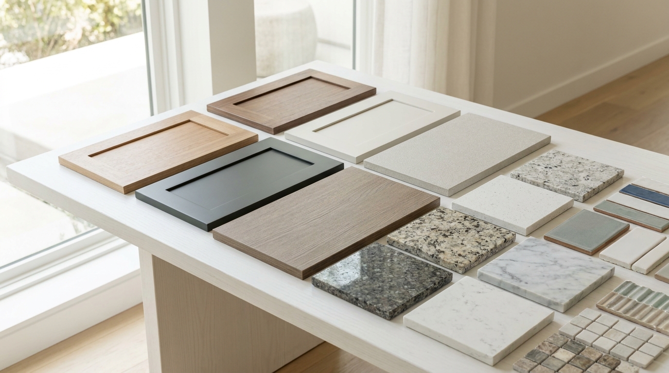Kitchen cabinet samples and countertop material swatches laid out on table during Los Angeles remodel bid comparison