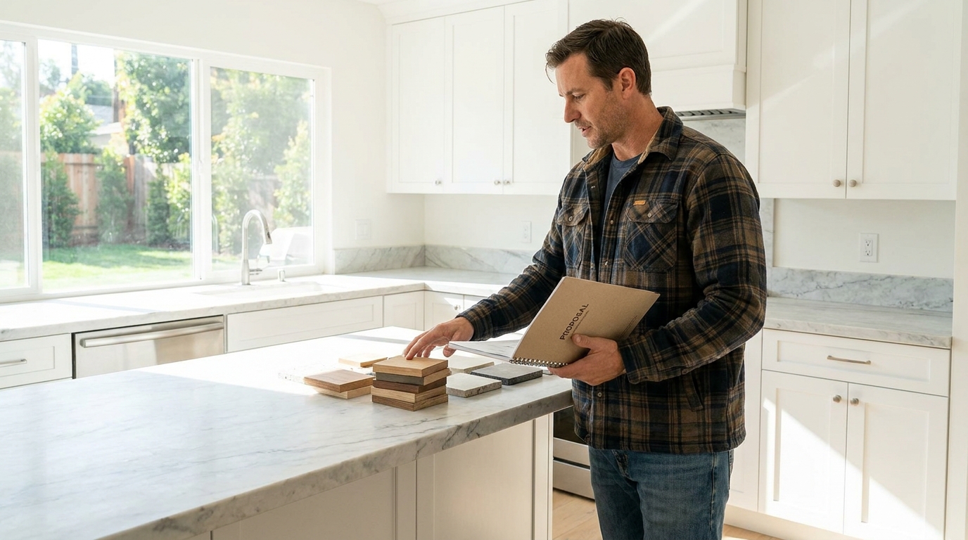 Licensed contractor presenting detailed kitchen remodel proposal with material samples in Los Angeles home