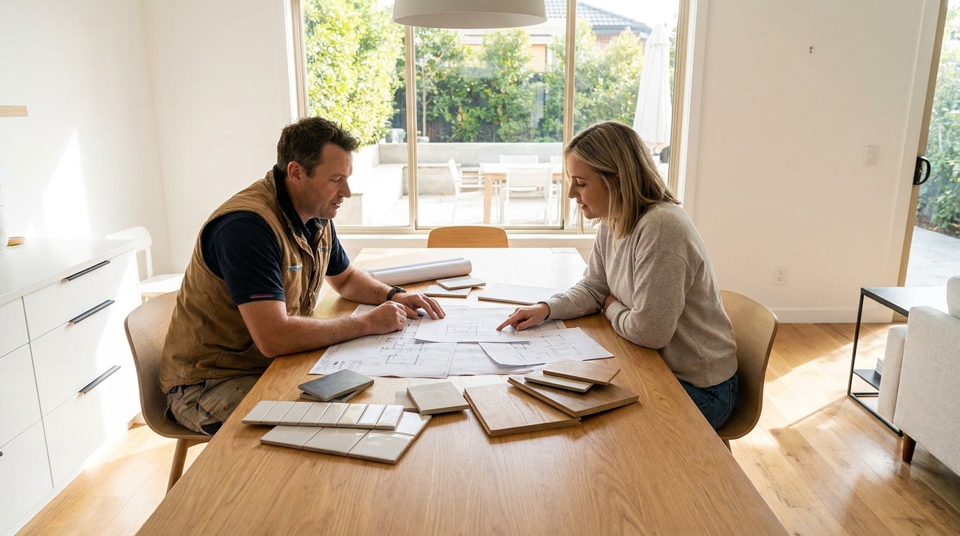 Contractor reviewing kitchen remodel bid documents with homeowner at table in Los Angeles home with natural light