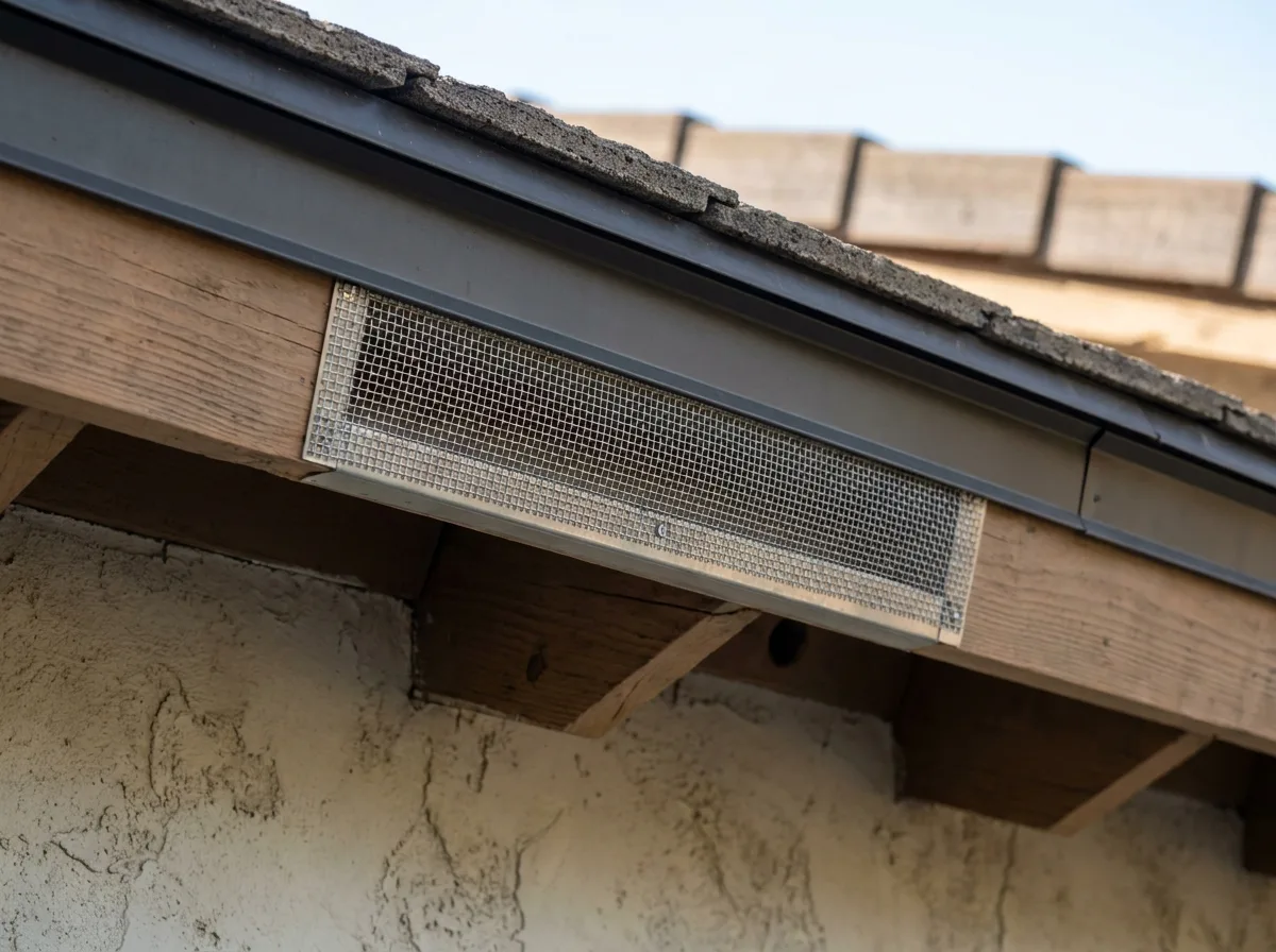 A close-up of an ignition-resistant roof edge and an attic vent covered with fine noncombustible metal mesh.