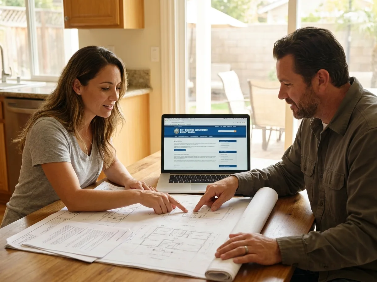 A homeowner and a builder reviewing remodel plans together at a kitchen table with a laptop open to a permit portal.