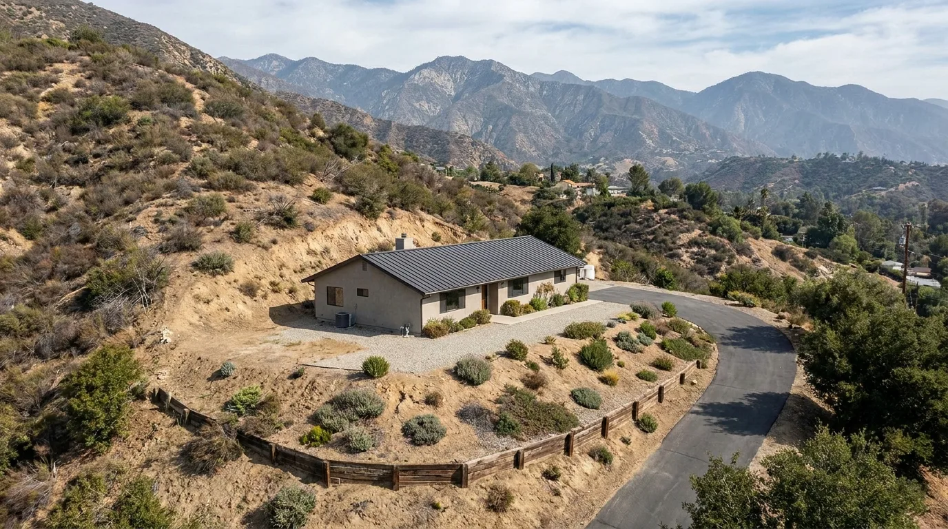 A hillside home in the La Crescenta foothills with a fire-resistant roof and cleared defensible space along a brush-covered slope.
