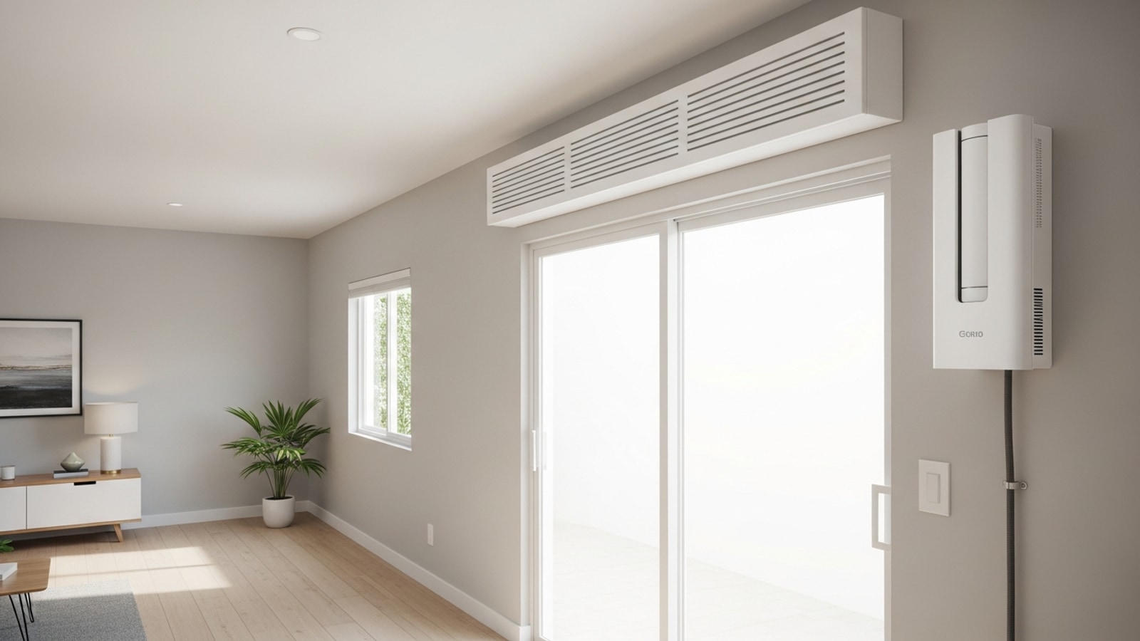 Wall-mounted high-wall mini-split indoor head installed above a glass slider in a converted garage with finished gypsum walls and engineered wood flooring