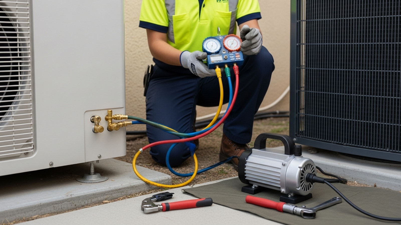 HVAC technician kneeling next to an outdoor mini-split condenser holding a digital manifold gauge set with a vacuum pump connected during refrigerant-line evacuation