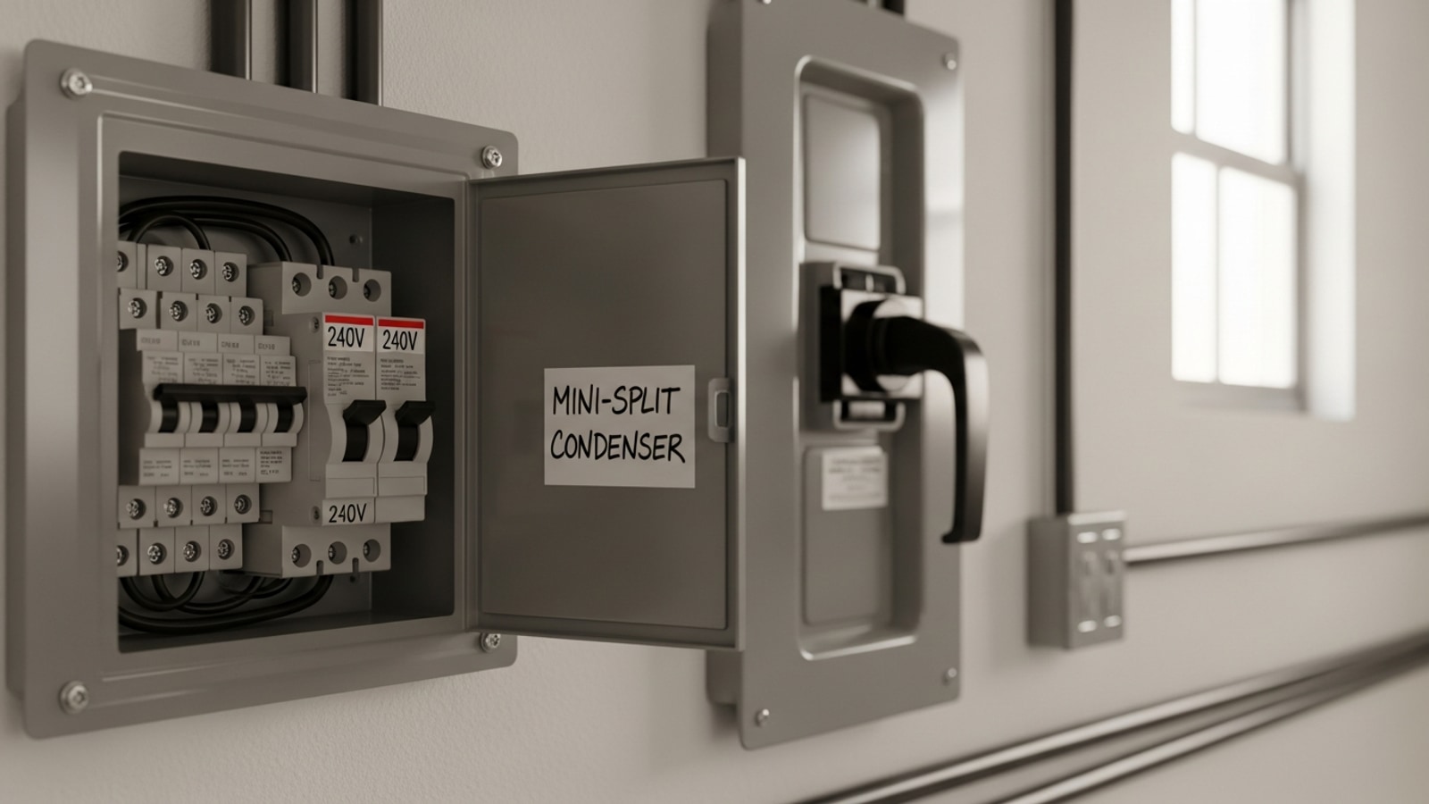 Open electrical subpanel inside a converted garage utility wall with a 240V breaker labeled mini-split condenser and an adjacent outdoor service disconnect handle