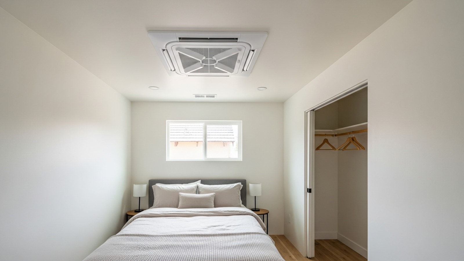 Four-way ceiling-cassette mini-split head flush with the finished gypsum ceiling of a small detached ADU bedroom with a window letting in afternoon light
