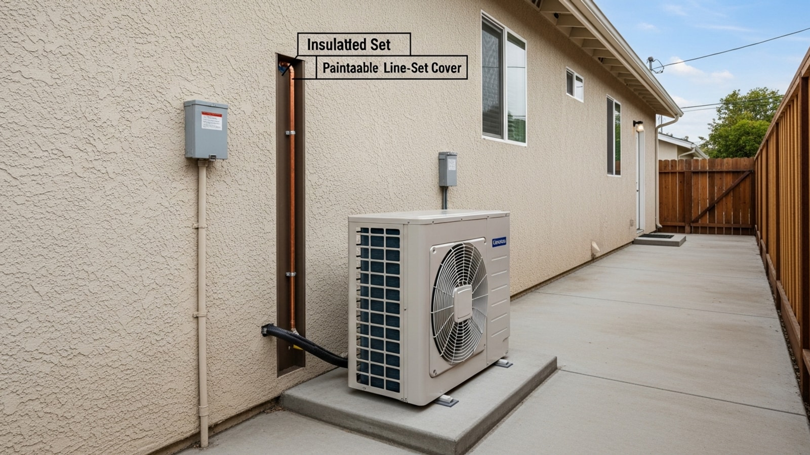 Outdoor mini-split heat pump condenser on a concrete pad against a beige stucco Los Angeles home with the line set in a paintable cover and a service disconnect on the wall