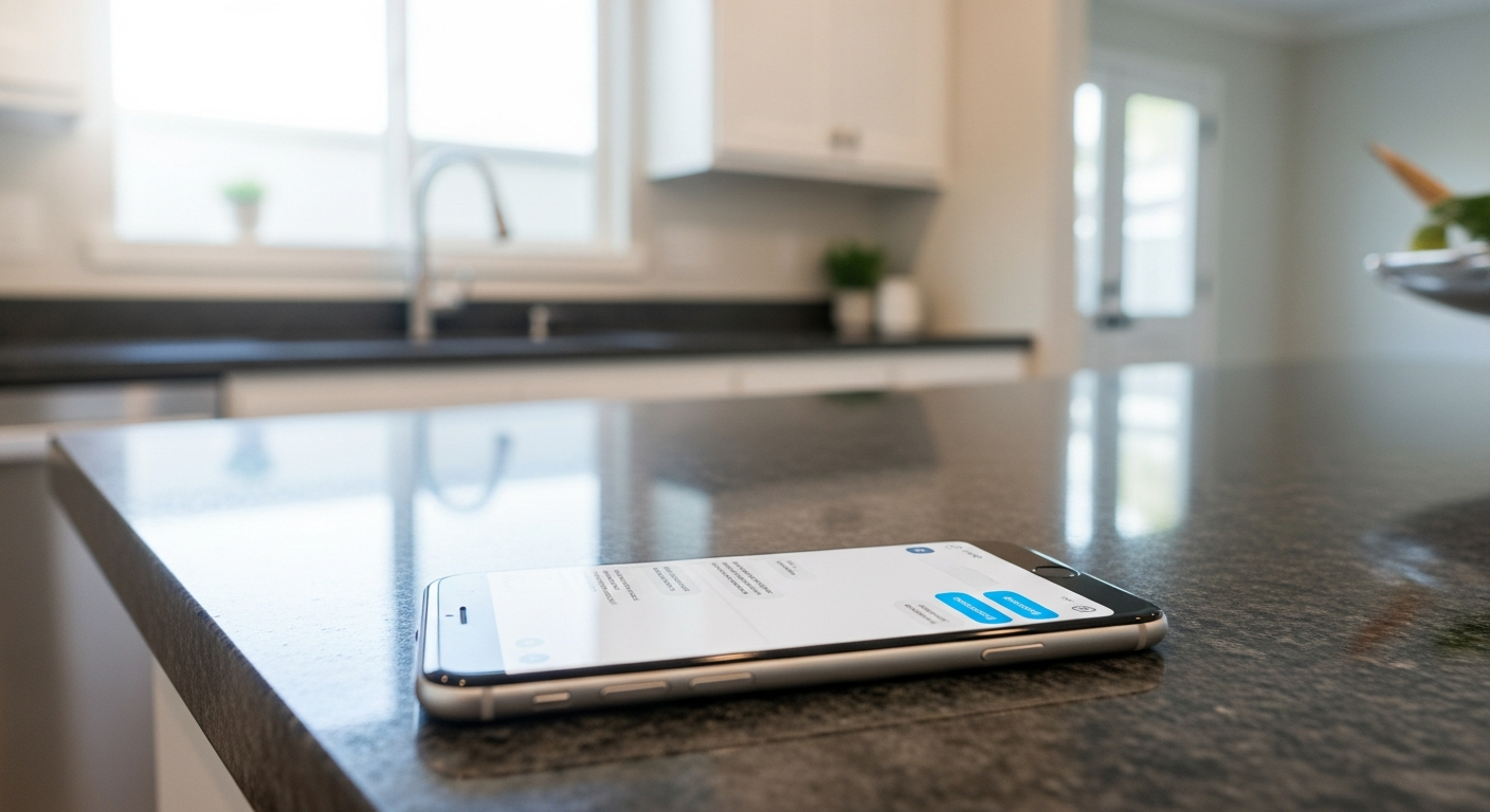 Modern smartphone displaying contractor website chat interface on a kitchen counter with Los Angeles residential remodeling project visible in the background