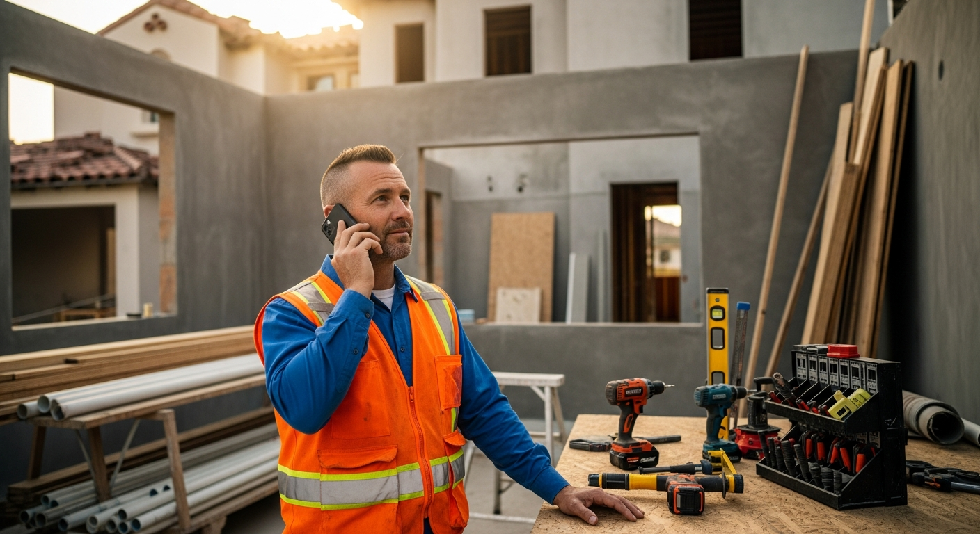 Los Angeles general contractor making an after-hours phone call from a residential jobsite with construction materials and tools organized in the background