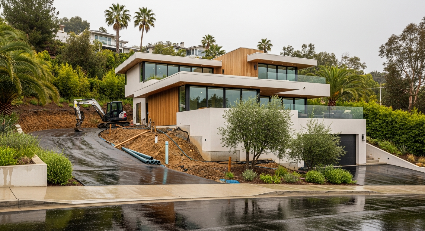 Weekend morning view of a Los Angeles hillside residential property with visible drainage and grading work after recent rain