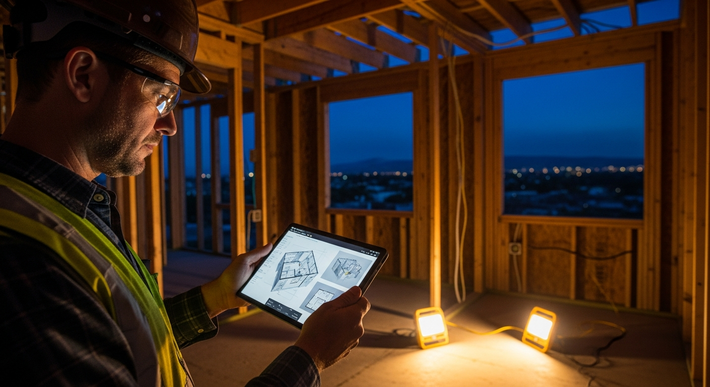 Los Angeles contractor reviewing architectural plans on a tablet device at a residential jobsite during evening hours with work lights illuminating the space