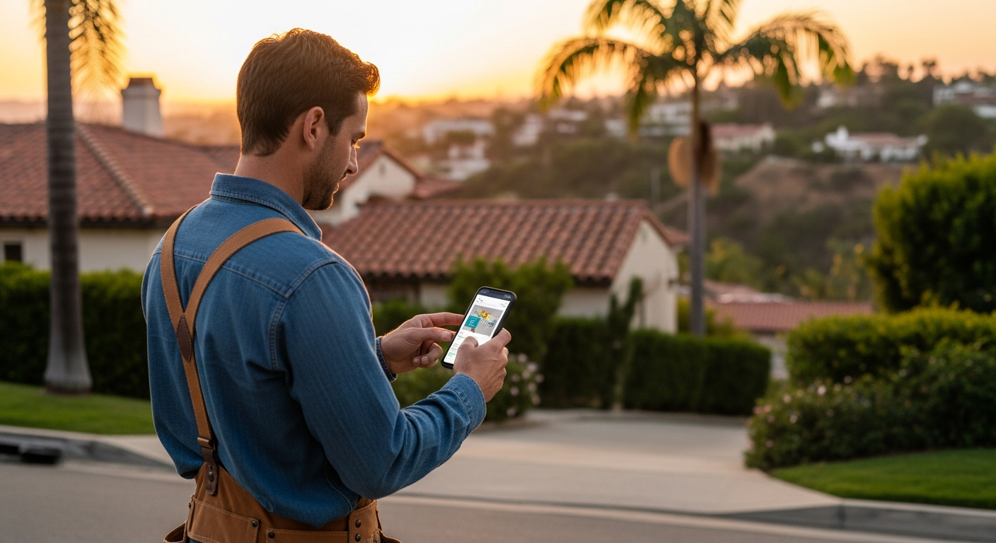Los Angeles contractor reviewing project notes on a mobile device during evening hours with hillside homes visible in the background under warm California twilight