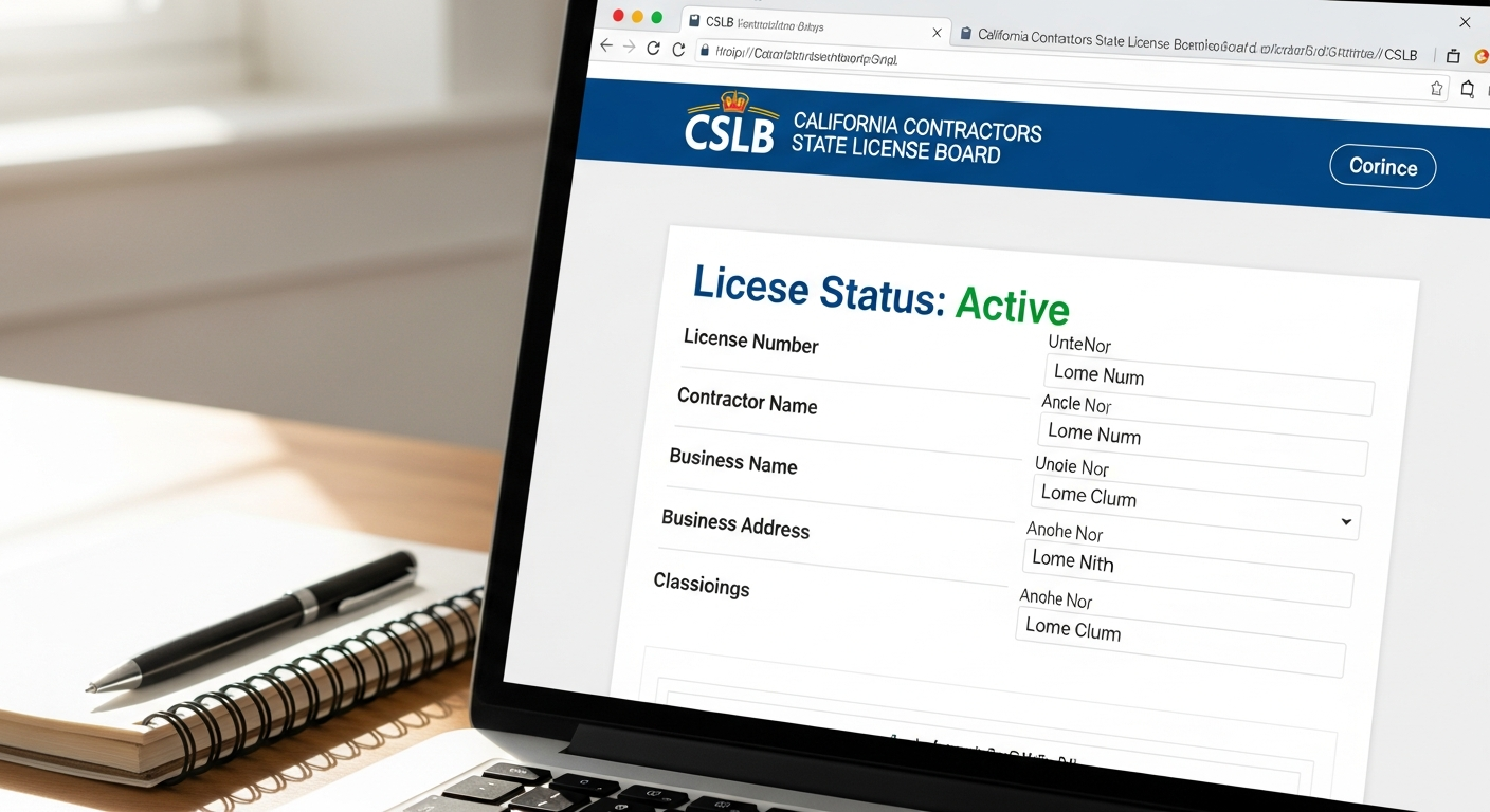 Laptop screen displaying California CSLB license lookup website with contractor verification results, representing online vetting before scheduling estimate.