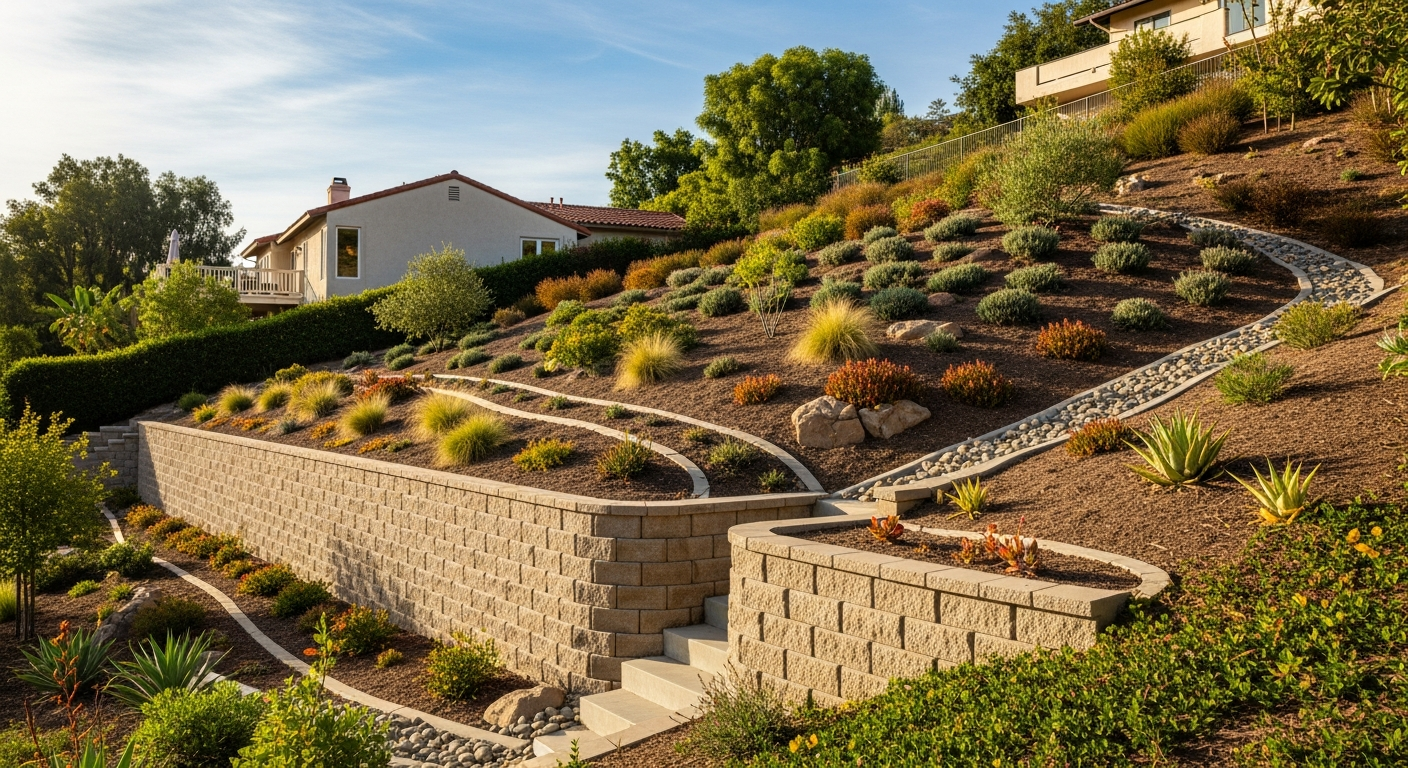 Woodland Hills hillside property showing retaining wall and grading typical of older Los Angeles residential lots requiring permit review.