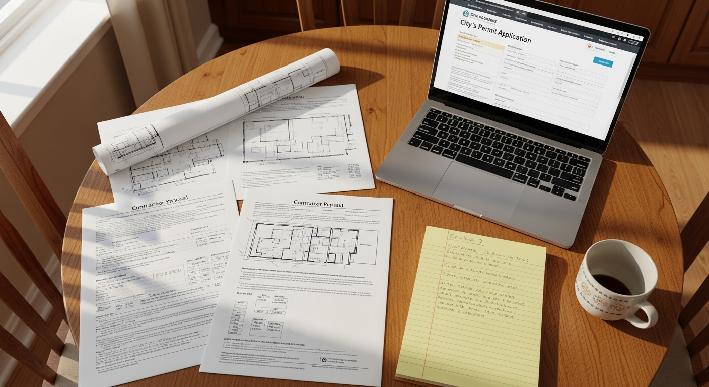 Homeowner reviewing contractor proposal documents at kitchen table with laptop open to permit research, representing informed decision-making process.