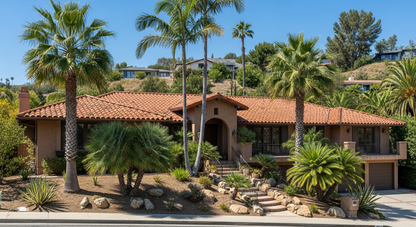 Woodland Hills hillside home with Spanish tile roof and mature landscaping under clear California sky, representing properties requiring careful permit vetting before remodeling.
