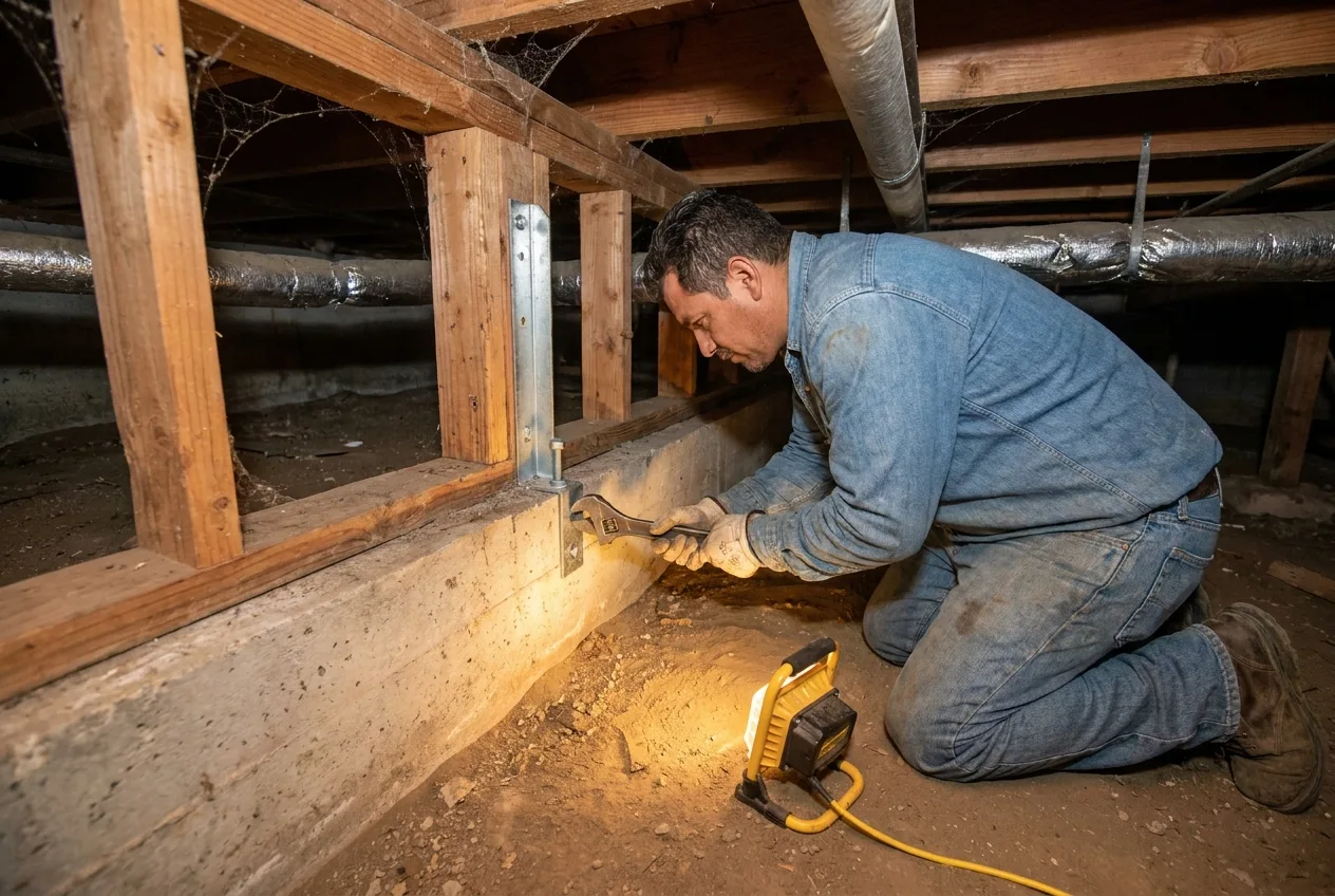 A contractor kneeling in a home crawl space fastening a galvanized steel brace and anchor bolt to a wooden cripple wall above the concrete foundation.