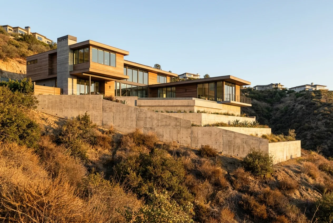 A house perched on a sloped hillside lot in Los Angeles, with a stepped retaining wall and downhill grade visible beneath the structure.
