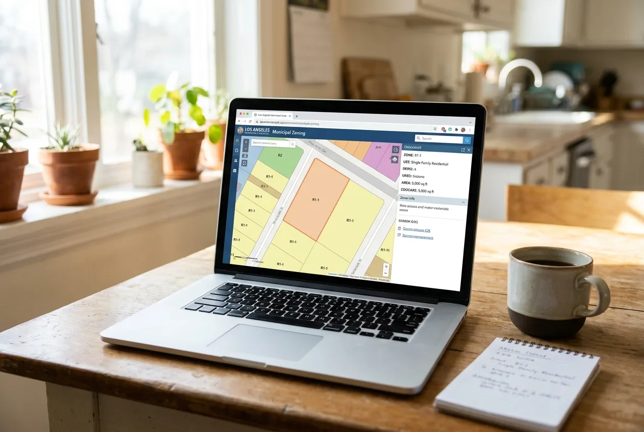 A laptop on a kitchen table showing the City of Los Angeles ZIMAS parcel map open to a residential property's zoning details.