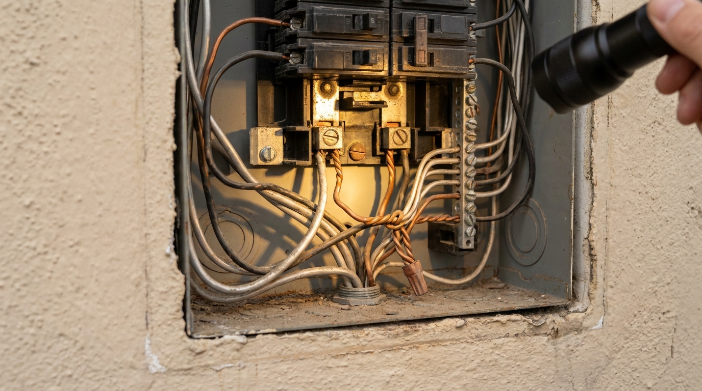 Electrical panel with aluminum branch wiring and copper pigtails visible during older-home renovation inspection.